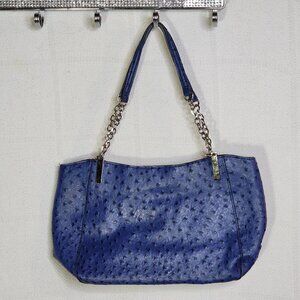Indigo Blue Vegan Ostrich Leather Silver Chain Leather Shoulder Straps Tote Bag